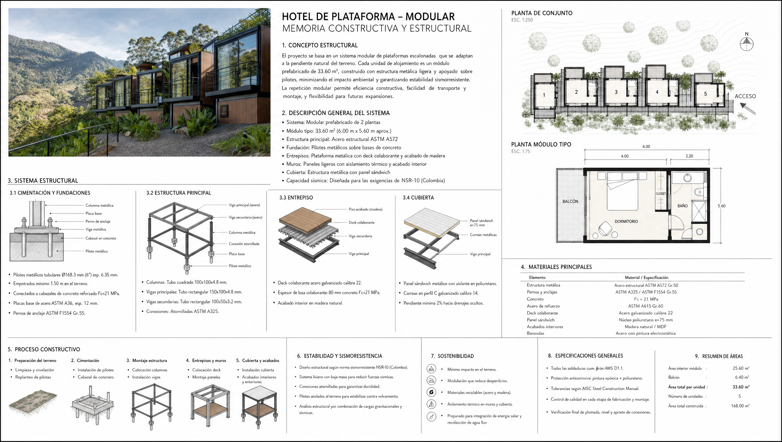 Memoria constructiva y estructural Hotel de cabañas modulares en pendiente